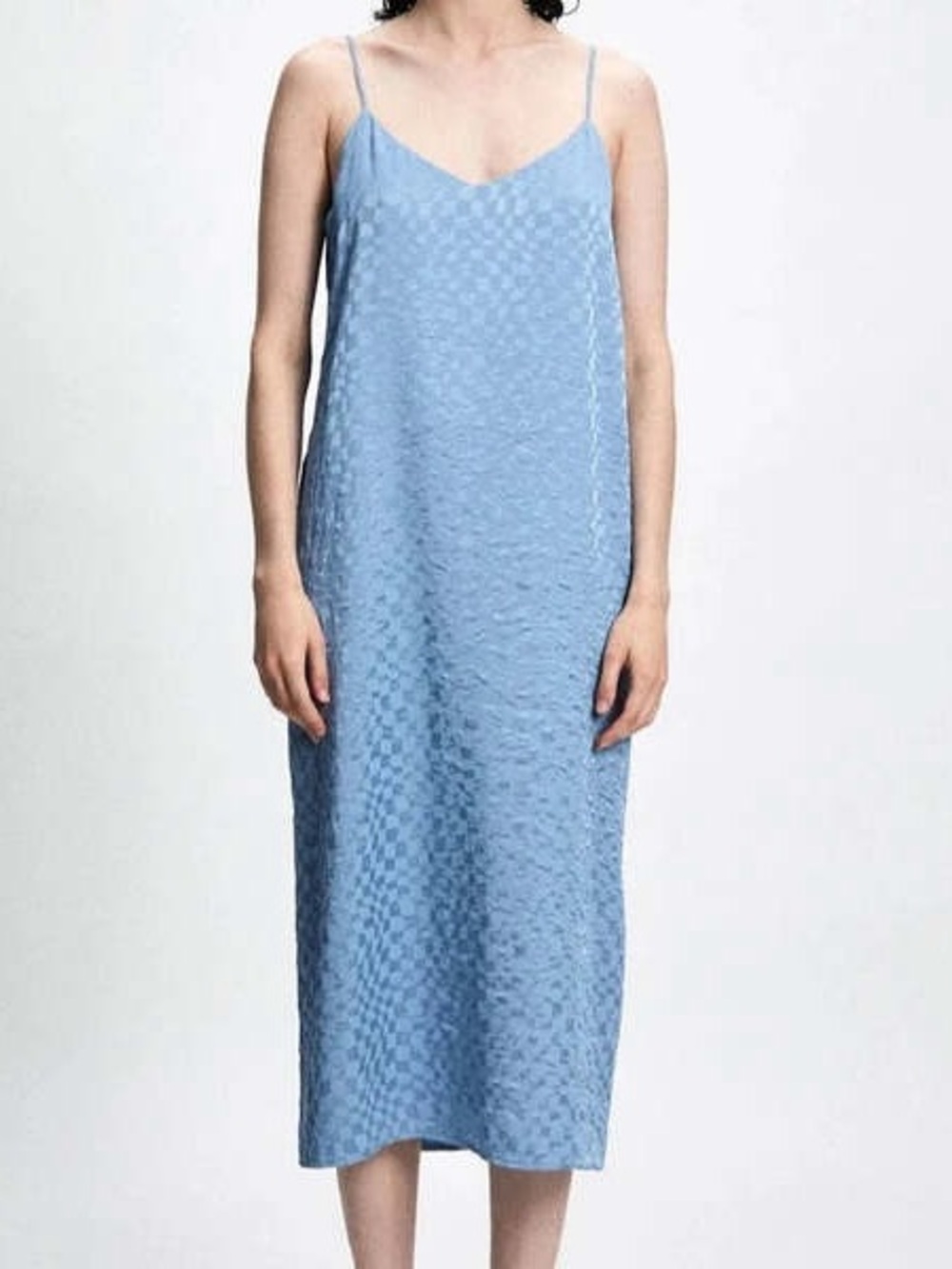 Rita Row Bisk Checkered Satin Midi Slip Dress Celeste Blue XS Quiet Luxury
